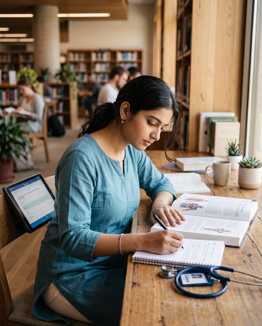 A student studying at a library desk with a textbook, notebook and tablet