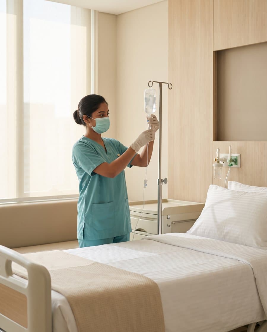 A nurse adjusting an IV drip on a hospital ward