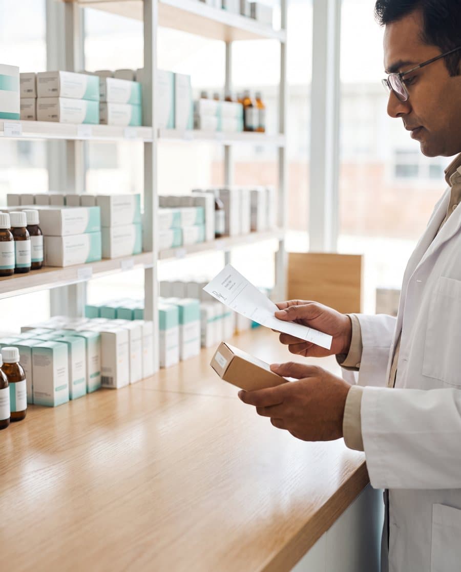 A pharmacist checking a medicine box against a prescription