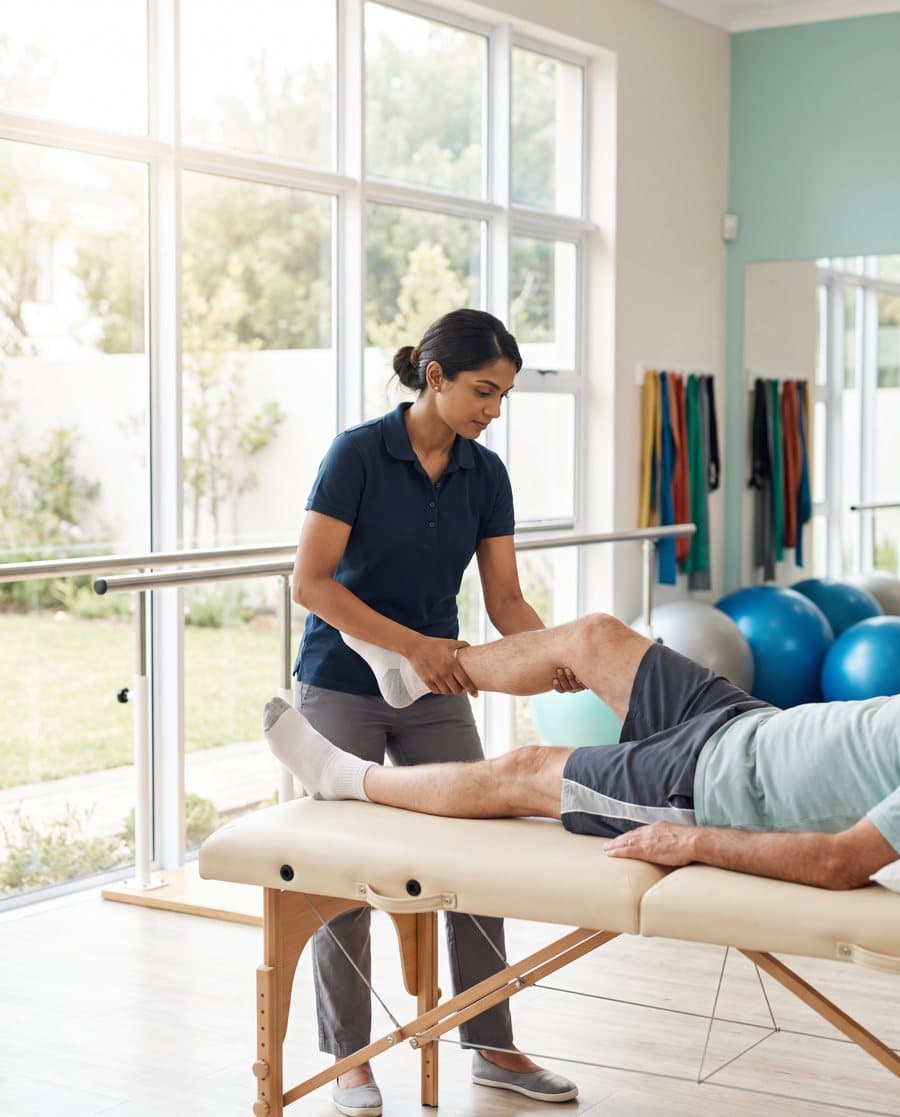 A physiotherapist guiding a knee exercise in a physiotherapy lab