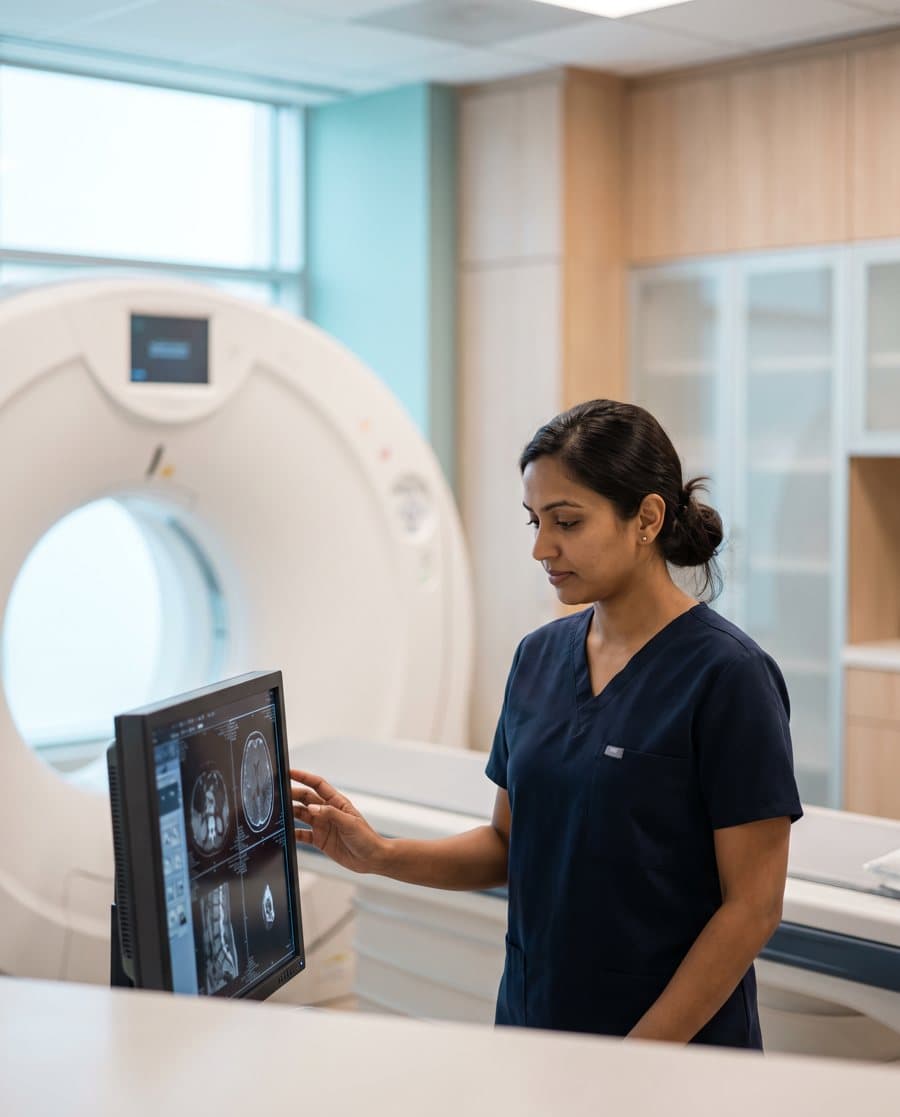 A radiographer reviewing scan images beside a CT scanner